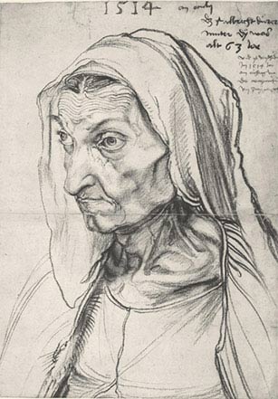 Albrecht Dürer, La madre dell’artista, 1514, carboncino su carta, cm 42,3×30,5, Berlino, Staatliche Museen, Kupferstichkabinett