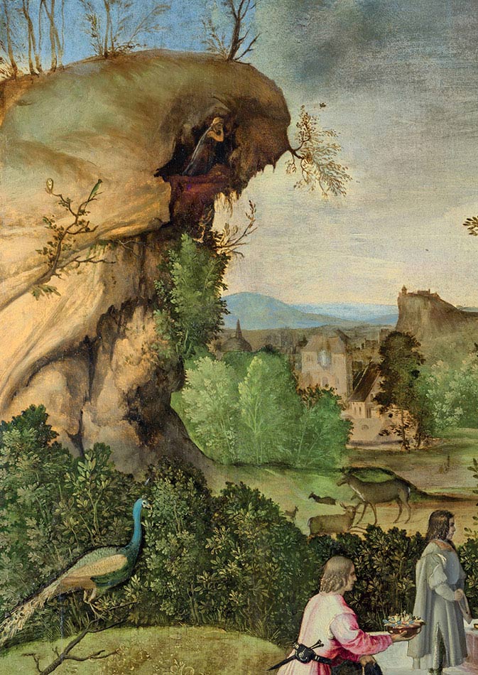 Giorgione, Omaggio a un poeta, particolare, 1498, olio su tavola, cm 59,7×48,9, Londra, The National Gallery