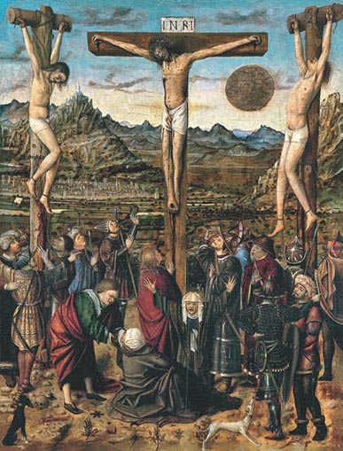 Anonimo maestro valenzano, Crocifissione, 1450-1460 ca, olio su tavola, cm 44,8×34, Madrid, Museo Thyssen-Bornemisza