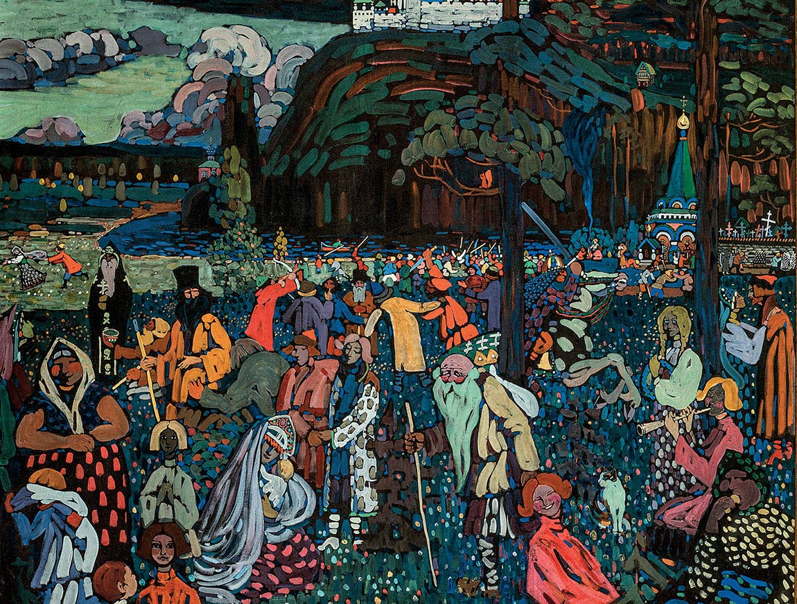 Vasilij Kandinskij, La vita variopinta, 1907, tempera su tela, cm 130×162,5, Monaco, Städtische Galerie im Lenbachhaus