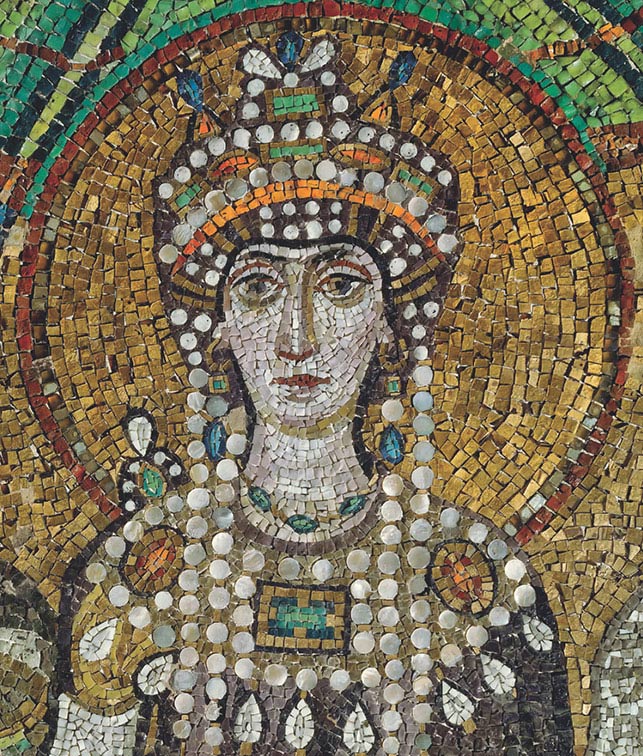 La corte di Teodora, particolare del busto di Teodora, 546-556, mosaico, Ravenna, San Vitale