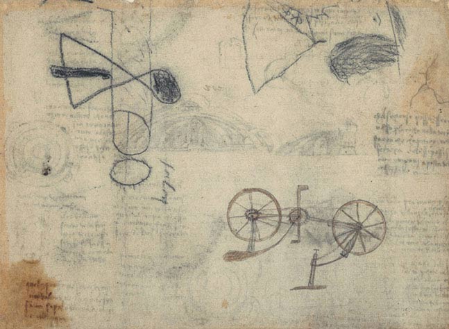 Leonardo da Vinci, Bicicletta, Codice Atlantico, f. 133v, particolare, 1478-1519, disegno, cm 64,5×43,6, Milano, Biblioteca Ambrosiana