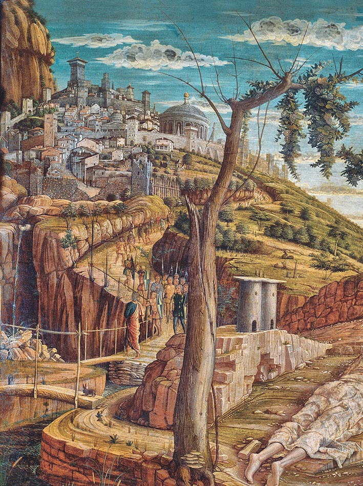 Andrea Mantegna, Polittico di San Zeno, Orazione nell’orto, particolare con veduta di città, 1456-1459, tempera su tavola, cm 71×94, Tours, Musée des Beaux-Arts