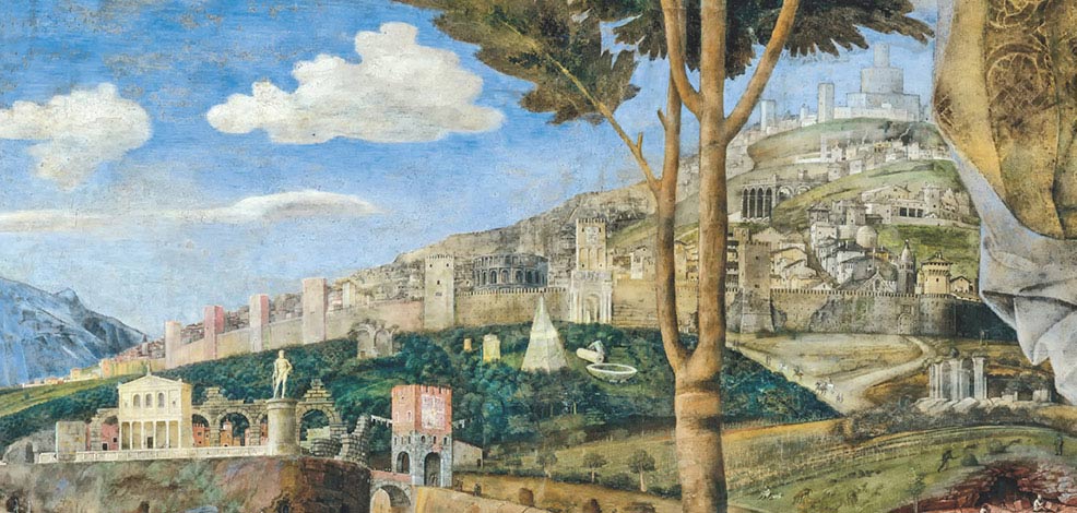 Andrea Mantegna, Camera degli Sposi, L’incontro, particolare di paesaggio con città, 1465-1474, affresco, Mantova, Palazzo Ducale