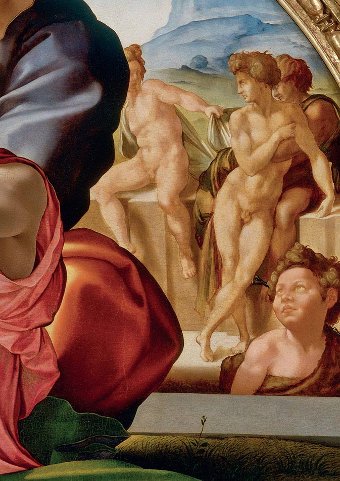 Michelangelo Buonarroti, Sacra Famiglia con san Giovannino e ignudi (Tondo Doni), particolare, 1503-1504, tempera su tavola, ø cm 120, Firenze, Galleria degli Uffizi