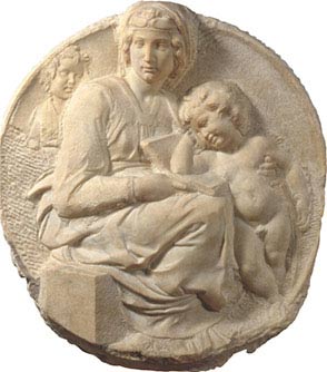 Michelangelo Buonarroti, Madonna col Bambino e san Giovannino (Tondo Pitti), 1502-1504, marmo, cm 85,5×109, Firenze, Museo Nazionale del Bargello