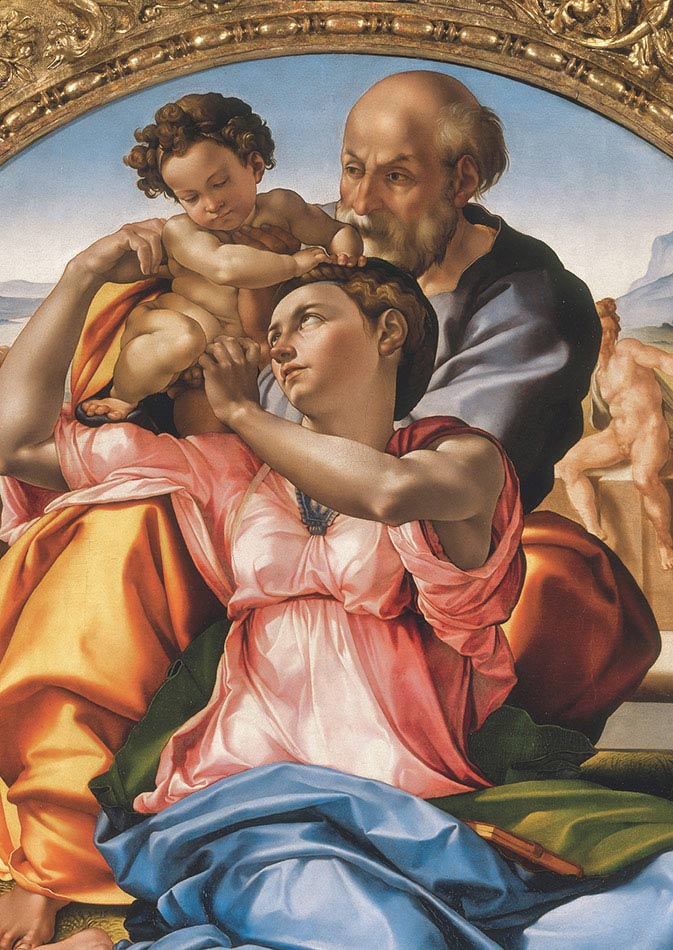 Michelangelo Buonarroti, Sacra Famiglia con san Giovannino e ignudi (Tondo Doni), 1503-1504, tempera su tavola, ø cm 120, Firenze, Galleria degli Uffizi