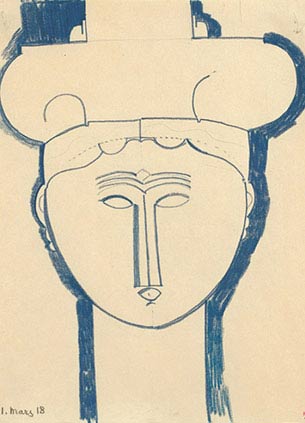 Amedeo Modigliani, Testa di cariatide, 1913, matita blu su carta, cm 33,6×26,4, Collezione privata