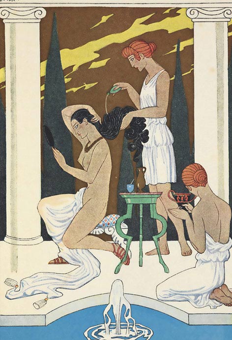 George Barbier, Donna dell’antica Roma si fa lavare i capelli da una serva, XX secolo, litografia a colori, Londra, The British Library