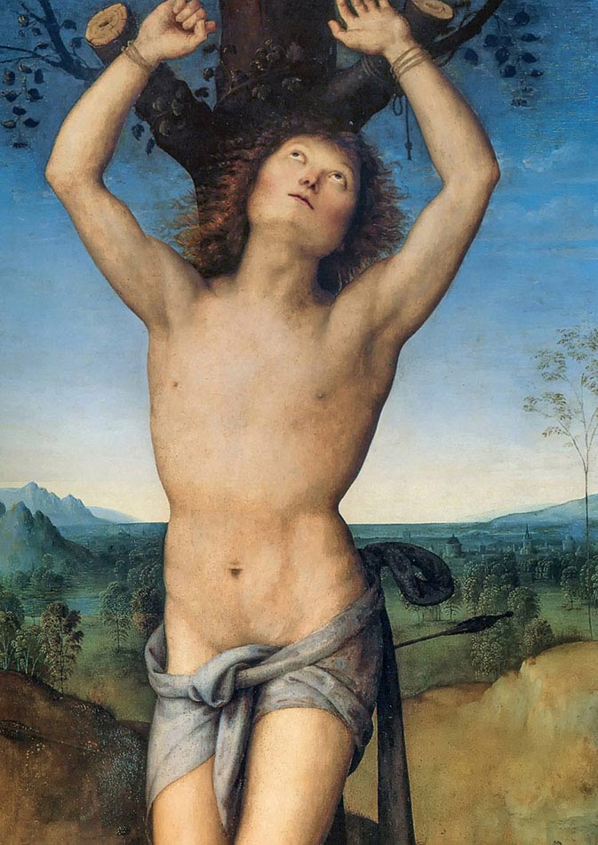 Pietro Perugino, San Sebastiano, particolare, 1489-1490, olio su tavola, cm 174×88, Stoccolma, Nationalmuseum