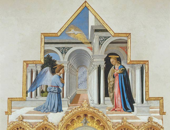 Piero della Francesca, Polittico di Sant’Antonio, cimasa, Annunciazione, 1460-1470 ca, olio su tavola, cm 338×230 (l’intero), Perugia, Galleria Nazionale dell’Umbria