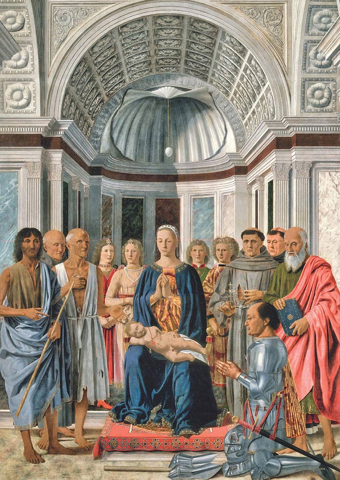 Piero della Francesca, Madonna col Bambino, sei santi, quattro angeli e il duca Federico II da Montefeltro (Pala di Brera), 1472-1474, olio e tempera su tavola, cm 248×170, Milano, Pinacoteca di Brera