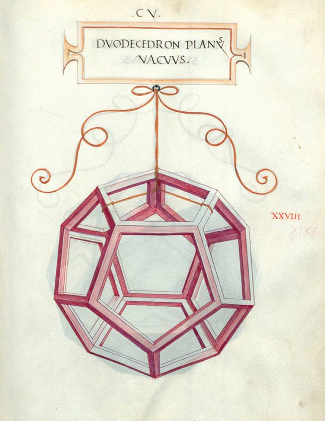 Leonardo da Vinci, Dodecaedro vuoto, in Luca Pacioli, De divina proportione, tav. XXVIII, f. 105r, 1498, disegno, Milano, Biblioteca Ambrosiana