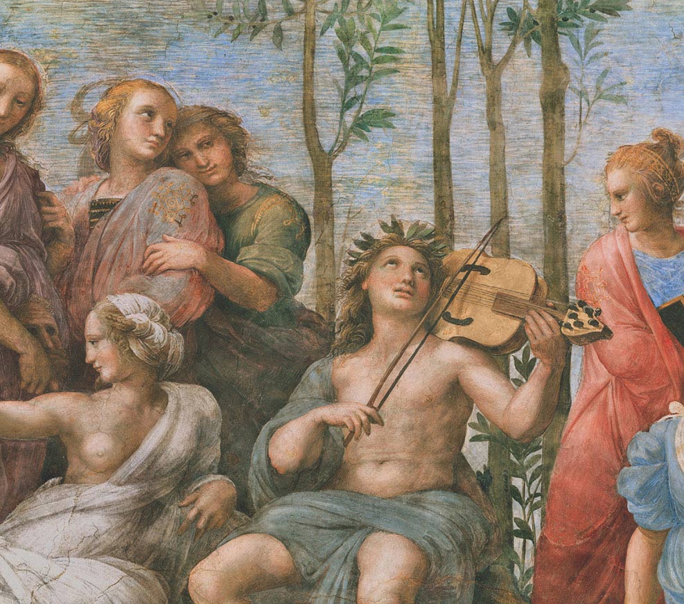 Raffaello, Il Parnaso, particolare, Apollo e le Muse, 1511, affresco, Città del Vaticano, Musei Vaticani, Stanza della Segnatura