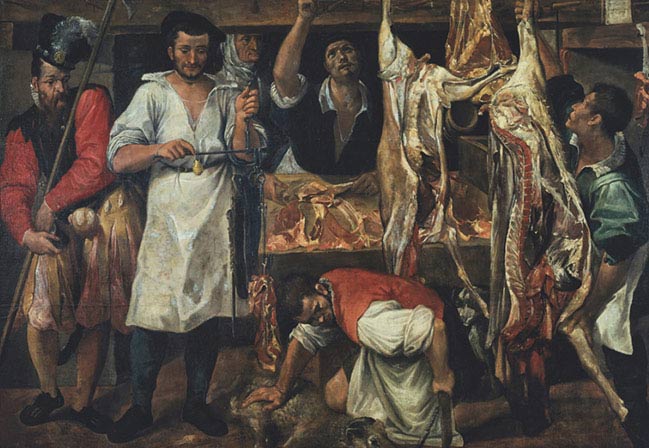 Annibale Carracci, Bottega del macellaio, 1585, olio su tela, cm 185×266, Oxford, Christ Church Picture Gallery