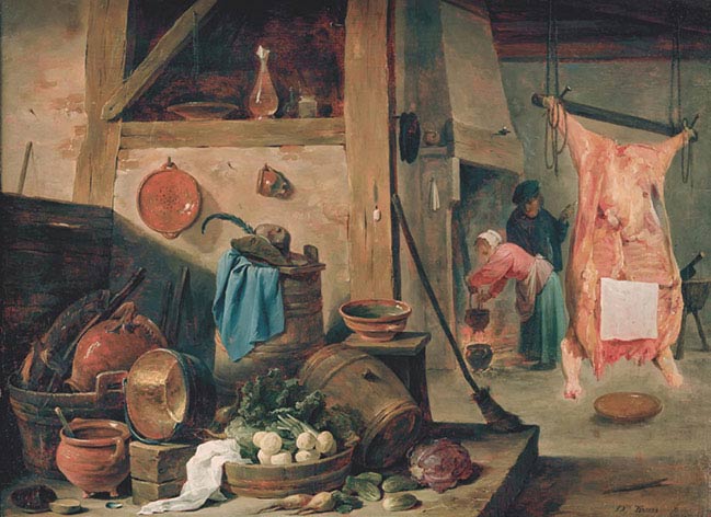 David Teniers, Interno di cucina con natura morta e bue macellato, 1643, olio su tela, cm 33×44, Collezione privata