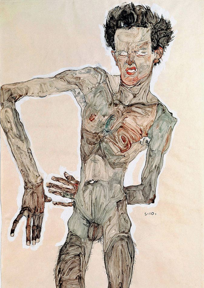 Egon Schiele, Autoritratto nudo, 1910, matita, tempera e acquerello su carta, cm 55,8×36,7, Vienna, Albertina, Graphische Sammlung