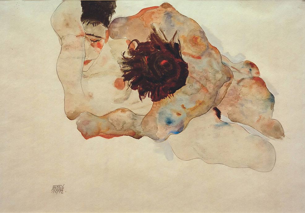 Egon Schiele, Abbraccio, 1912, tecnica mista su carta, cm 32×47,1, Collezione privata