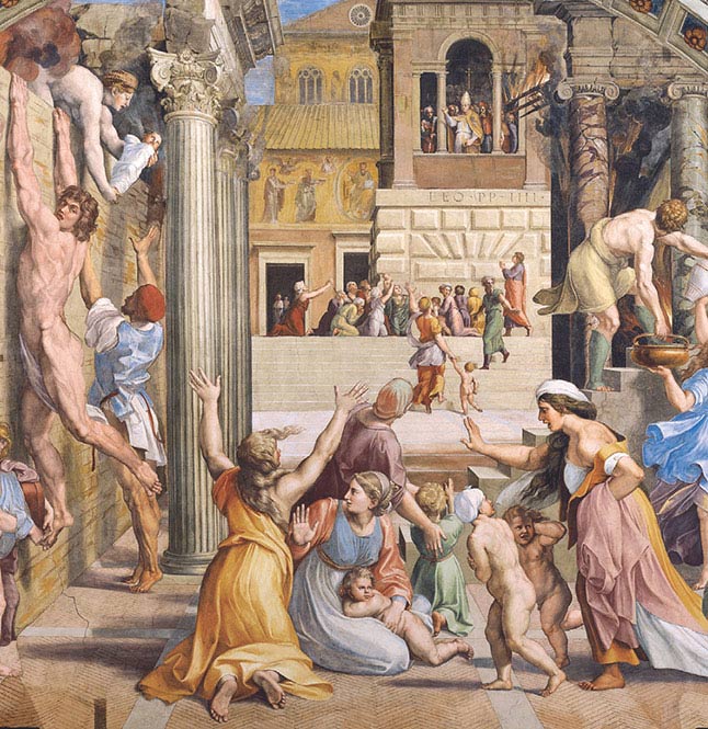 Raffaello, Incendio di Borgo, particolare, 1514-1517, affresco, Città del Vaticano, Musei Vaticani, Stanza dell’Incendio di Borgo