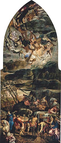 Tintoretto, Adorazione del vitello d’oro, 1562-1564, olio su tela, cm 1450×590, Venezia, chiesa della Madonna dell’Orto