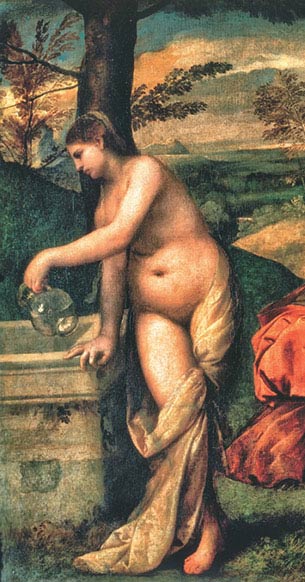 Tiziano, Concerto campestre, particolare, 1509-1510, olio su tela, cm 110×138, Parigi, Musée du Louvre