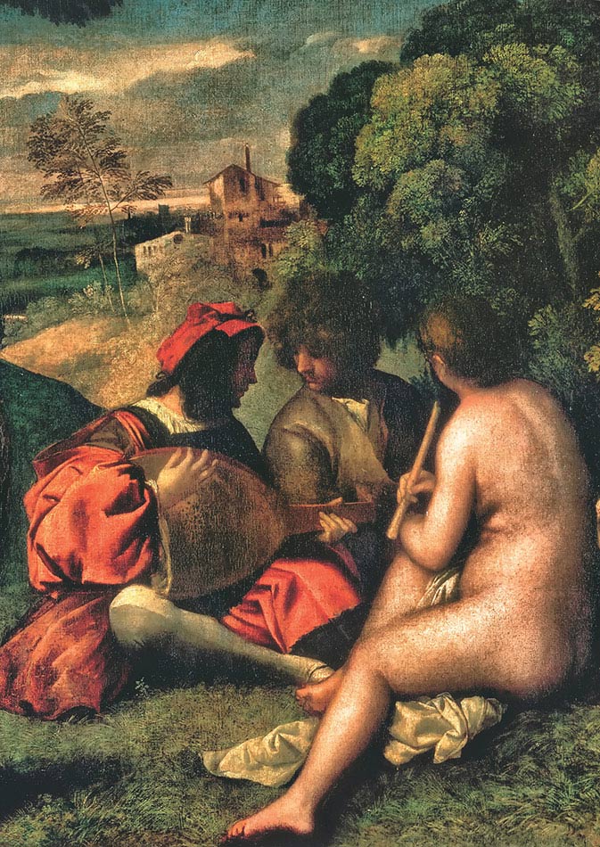 Tiziano, Concerto campestre, particolare, 1509-1510, olio su tela, cm 110×138, Parigi, Musée du Louvre