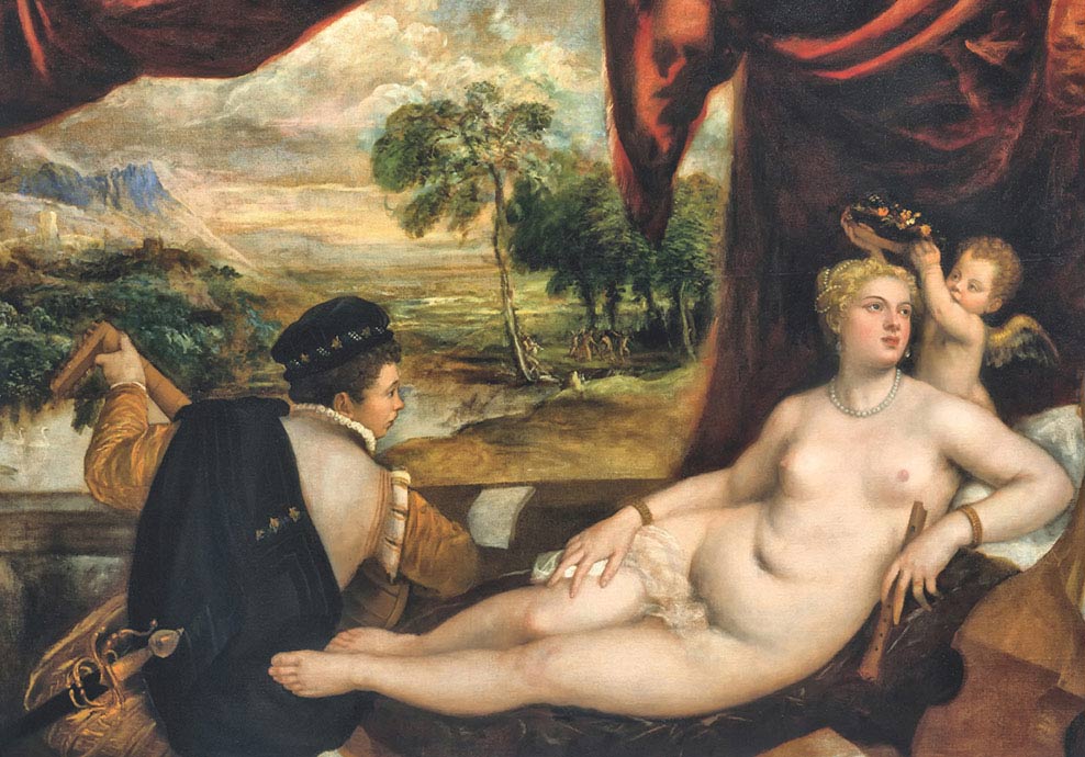 Tiziano, Venere e il suonatore di liuto, 1565-1570 ca, olio su tela, cm 165,1×209,6, New York, The Metropolitan Museum of Art