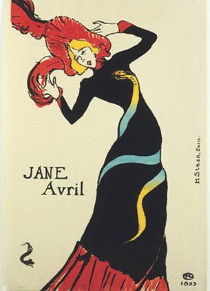 Henri de Toulouse-Lautrec, Jane Avril, 1899, litografia a pennello, cm 56×29,8, Parigi, Bibliothéque nationale de France