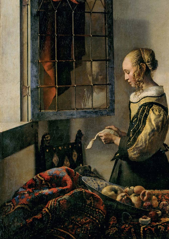 Jan Vermeer, Donna che legge una lettera davanti alla finestra, particolare, 1657 ca, olio su tela, cm 83×64,5, Dresda, Staatliche Kunstsammlungen, Gemäldegalerie