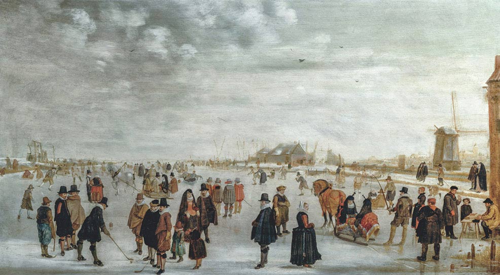 Hendrick Avercamp, Paesaggio invernale sul fiume IJssel presso Kampen nei Paesi Bassi, 1615 ca, olio su tavola, cm 53×96,6, Londra, Guildhall Art Gallery