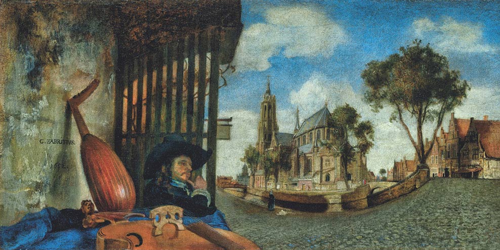 Carel Fabritius, Veduta di Delft con strumento musicale, 1652, olio su tela riportato su tavola, cm 15,5×31,7, Londra, The National Gallery