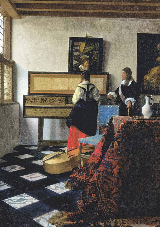 Jan Vermeer, Gentiluomo e dama alla spinetta (Lezione di musica), particolare, 1662 ca, olio su tela, cm 74×64,5, Londra, Royal Collection Trust, Buckingham Palace