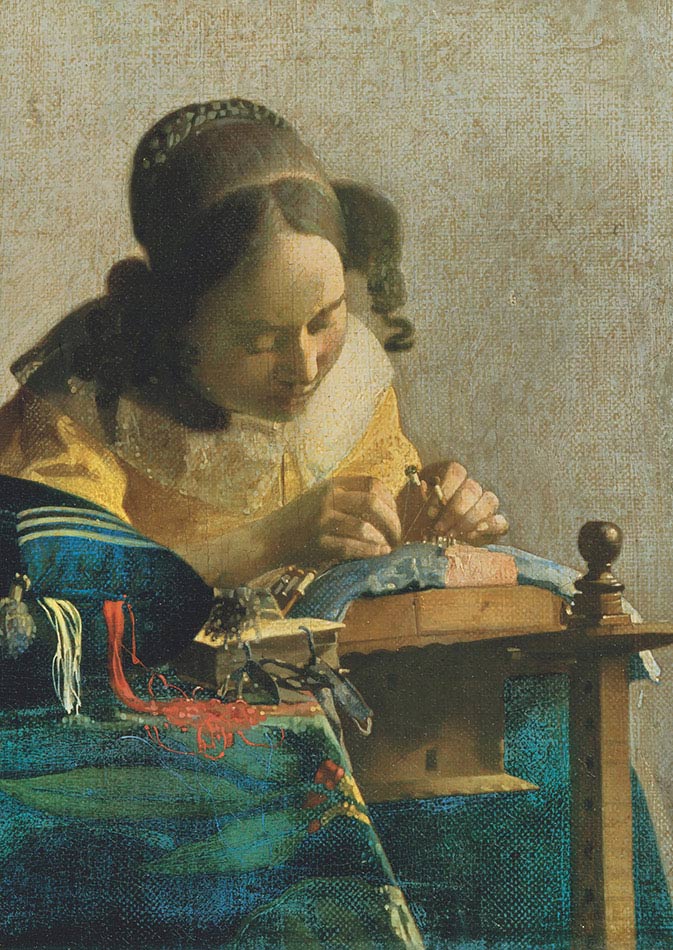 Jan Vermeer, La merlettaia, 1669 ca, olio su tela riportato su tavola, cm 23,9×20,5, Parigi, Musée du Louvre