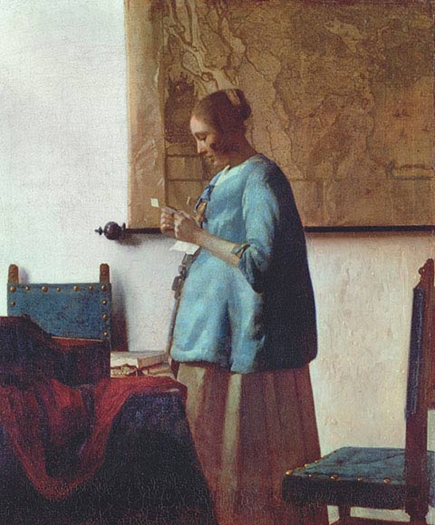 Jan Vermeer, Donna in azzurro che legge una lettera, 1663 ca, olio su tela, cm 46,6×39,1, Amsterdam, Rijksmuseum