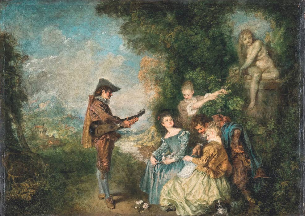 Jean-Antoine Watteau, La lezione d’amore, 1716-1717 ca, olio su tavola, cm 43,8×60,9, Stoccolma, Nationalmuseum