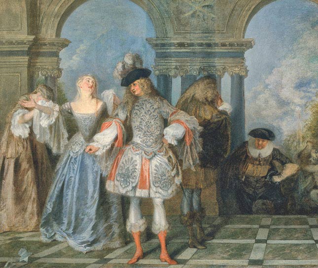 Jean-Antoine Watteau, I commedianti francesi, 1720-1721, olio su tela, cm 57,2×73, New York, The Metropolitan Museum of Art