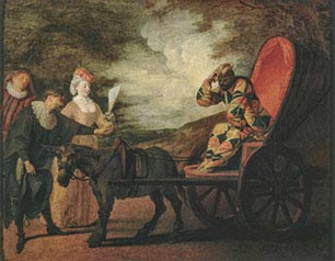 Jean-Antoine Watteau, Arlecchino imperatore della luna, 1707 ca, olio su tela, cm 65×82, Nantes, Musée des Beaux-Arts