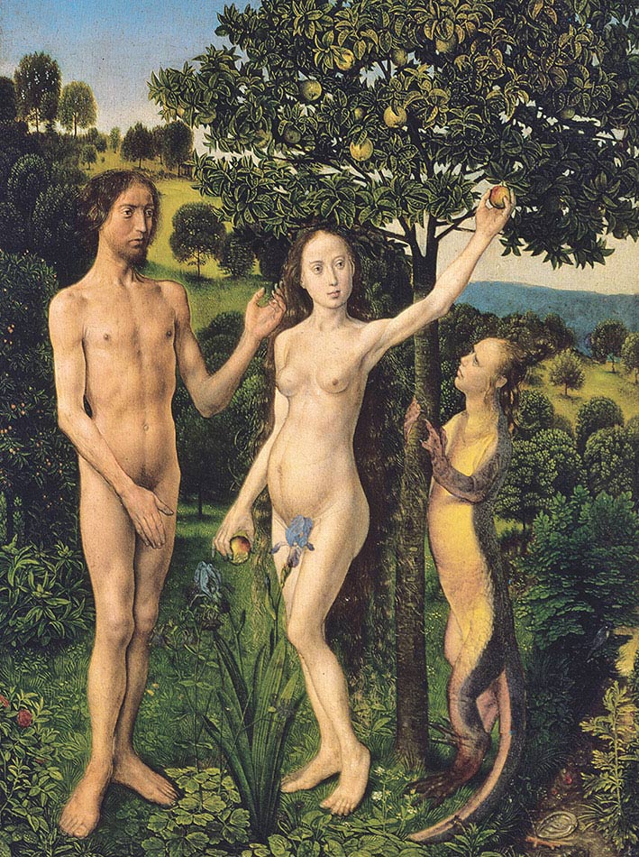 Hugo van der Goes, Il peccato originale, anta sinistra di un dittico, 1475, olio su tavola, cm 32,3×21,9, Vienna, Kunsthistorisches Museum