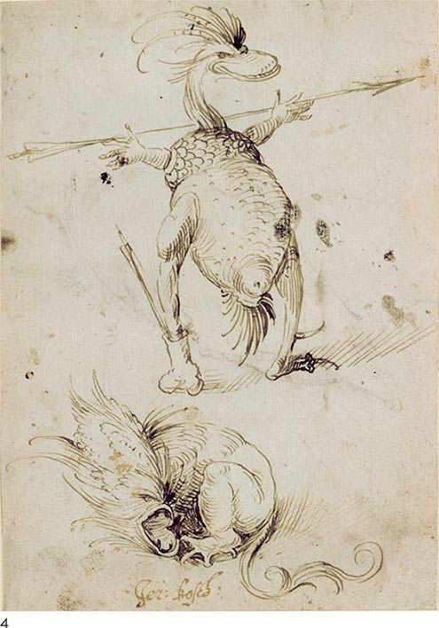 4. Hieronymus Bosch, Due creature fantastiche (simili a porcospini), fine del XV secolo, penna e inchiostro marrone su carta, cm 16,3×11,7, Berlino, Staatliche Museen, Kupferstichkabinett