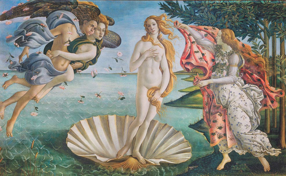 Sandro Botticelli, Nascita di Venere, 1484, tempera su tela, cm 172,5×278,5, Firenze, Galleria degli Uffizi