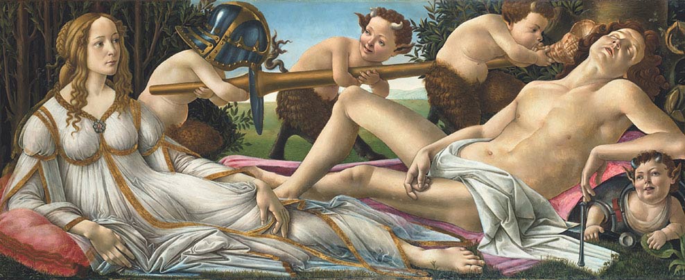 Sandro Botticelli, Venere e Marte, 1485 ca, tempera e olio su tavola, cm 69,2×173,4, Londra, The National Gallery