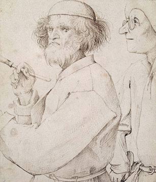 Pieter Bruegel il Vecchio, Il pittore e il committente, 1565, penna e inchiostro su carta marrone, cm 25×21,6, Vienna, Albertina, Graphische Sammlung