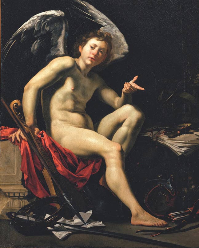 Orazio Riminaldi, Amore vincitore, 1610-1630, olio su tela, cm 142×112, Firenze, Galleria Palatina di Palazzo Pitti