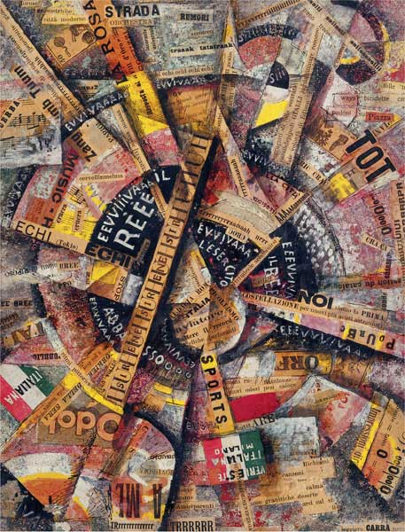 Carlo Carrà, Manifestazione interventista, 1914, tecnica mista su tela, cm 38,5x30, Collezione Gianni Mattioli, deposito a lungo termine presso la Collezione Peggy Guggenheim, Venezia