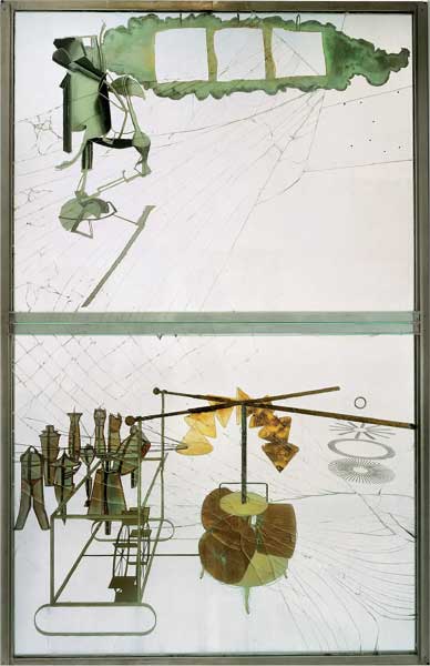 Marcel Duchamp, Il grande vetro (La mariée mise à nu par ses célibataires, même) 1915-1923, tre pannelli di vetro in una cornice di legno e acciaio, fogli di piombo e d’argento, colori a olio, cm 272,5x173,8, Filadelfia, Philadelphia Museum of Art