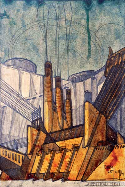 Antonio Sant’Elia, La centrale elettrica, 1914, inchiostro nero, verde, rosso e matita nera su carta, cm 48x27, Collezione privata