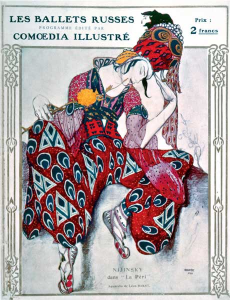 Léon Bakst, ll ballerino Vaslav Nijinskij nel ruolo di Iskander nel balletto La Peri, 1912, litografia a colori, cm 25x19, Parigi, Bibliothèque-Musée de l’Opéra