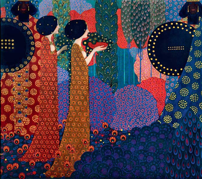 Vittorio Zecchin, Le principesse e i guerrieri (dal ciclo delle Mille e una notte), 1914, olio e oro su tela, cm 171x188, Venezia, Galleria Internazionale d’Arte Moderna di Ca’ Pesaro