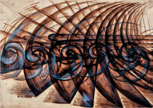 Giacomo Balla, Studio di motocicletta in corsa (Velocità di motocicletta), 1913, vernice su carta intelata, cm 68x97, Collezione privata