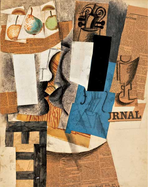 Pablo Picasso, Natura morta con violino e frutta, 1913, tecniche miste e collage su carta montata su cartoncino, cm 65x49,5, Filadelfia, Philadelphia Museum of Art